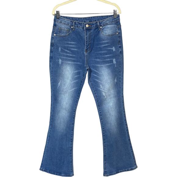Jeans Womens Bootcut Jeans Whiskering Denim High Rise 5 Pockets Medium Wash M - Picture 1 of 7
